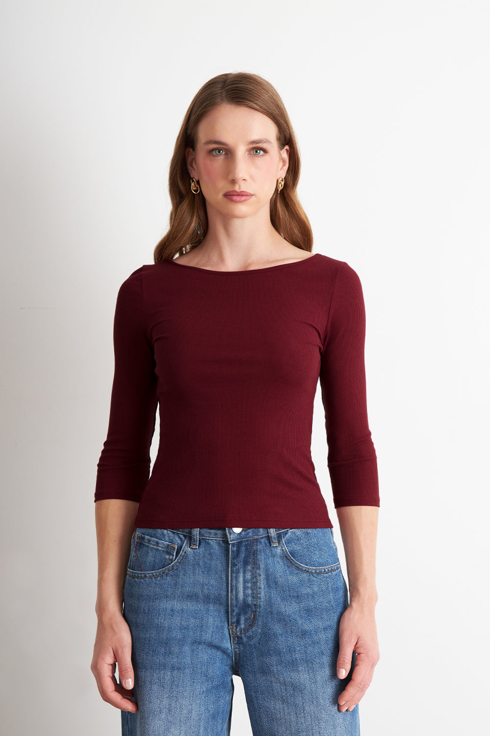 Polera Manga 3/4 Cuello Bote Burdeo