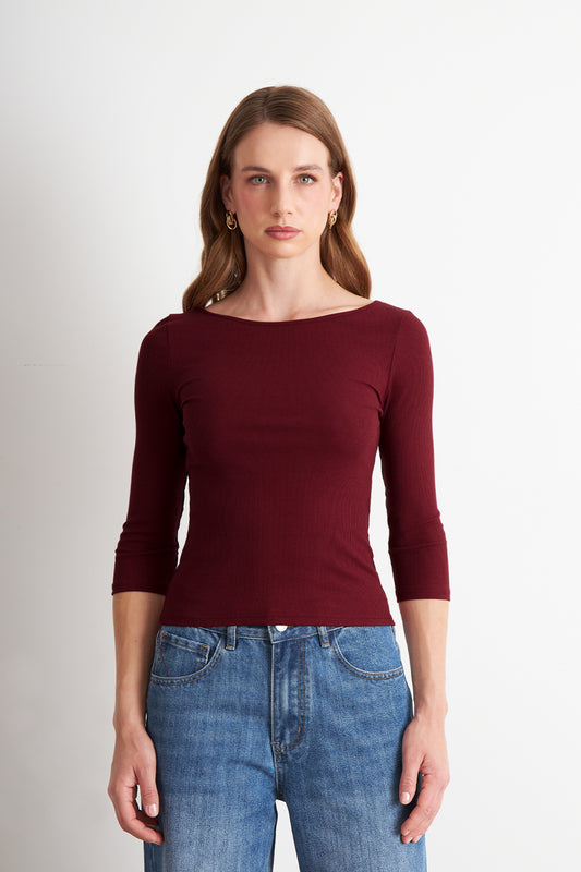 Polera Manga 3/4 Cuello Bote Burdeo