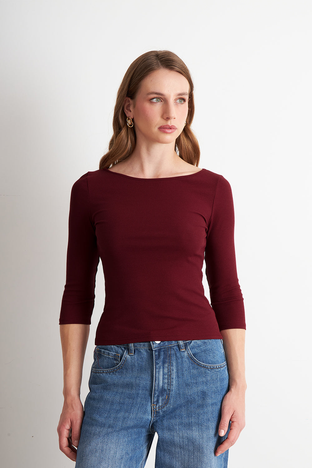 Polera Manga 3/4 Cuello Bote Burdeo