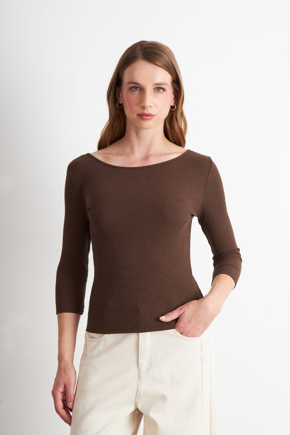 Polera Manga 3/4 Cuello Bote Café