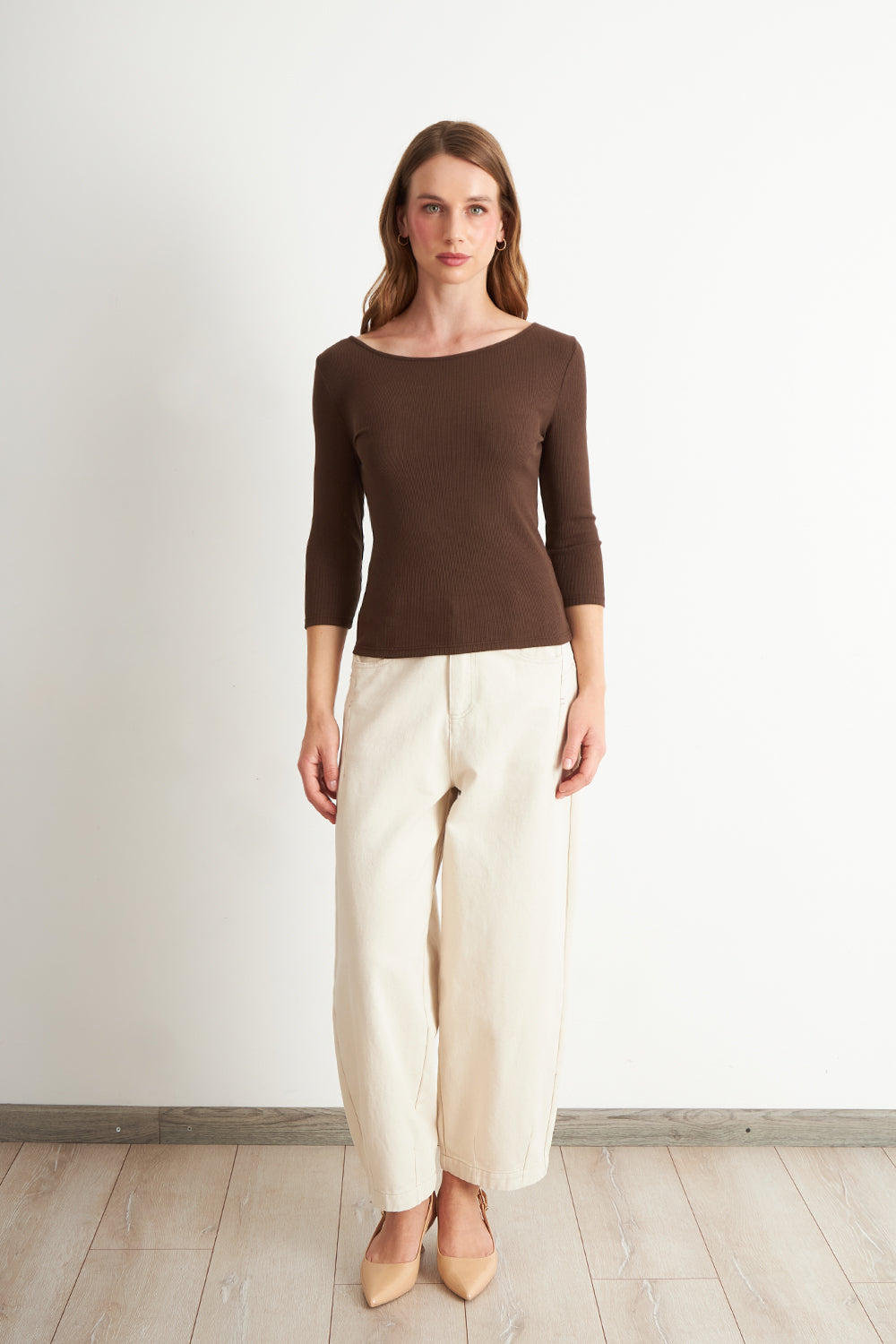 Polera Manga 3/4 Cuello Bote Café