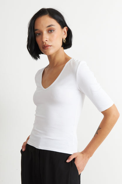 Polera Manga Corta Cuello Tipo U Blanco