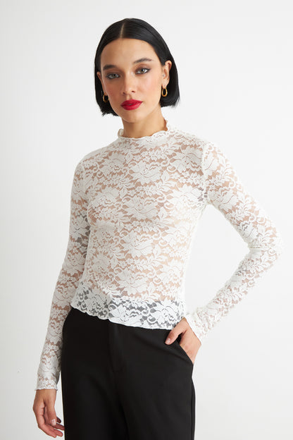 Polera Encaje Cuello Alto Blanco