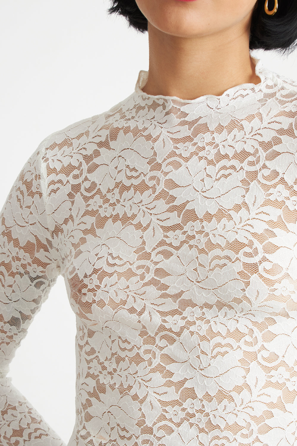 Polera Encaje Cuello Alto Blanco