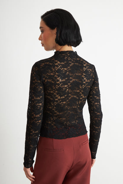 Polera Encaje Cuello Alto Negro