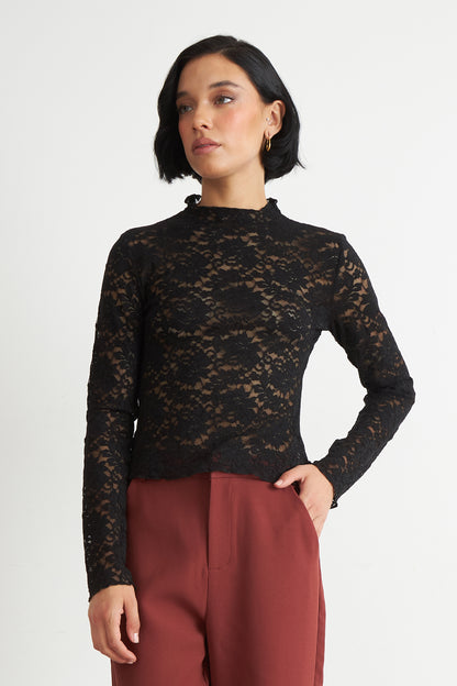 Polera Encaje Cuello Alto Negro