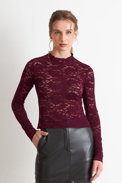 Polera Encaje Cuello Alto Burdeo