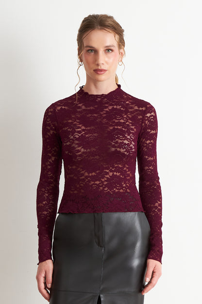 Polera Encaje Cuello Alto Burdeo