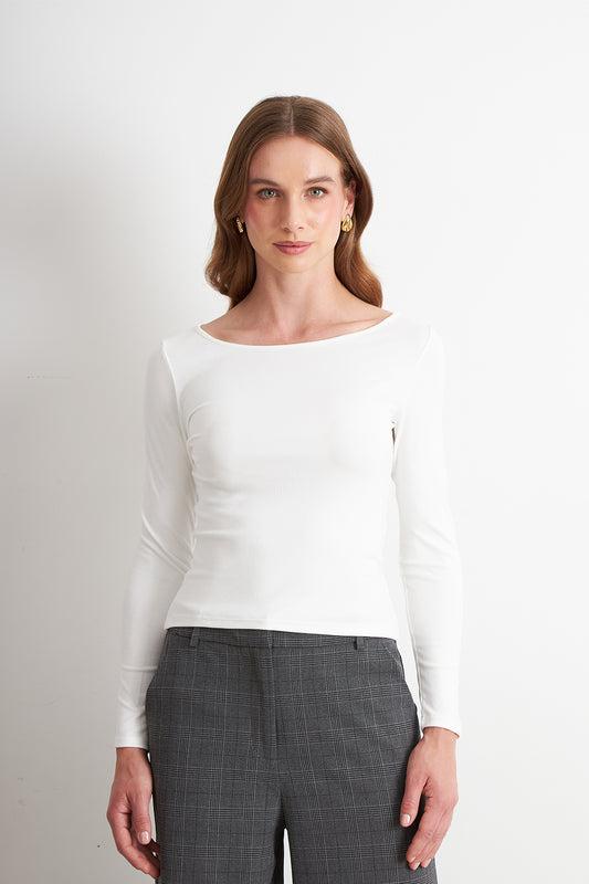 Polera Manga Larga Cuello Bote Blanco