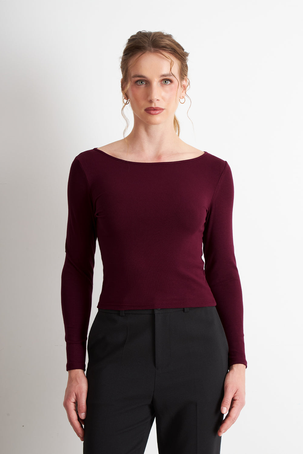 Polera Manga Larga Cuello Bote Burdeo
