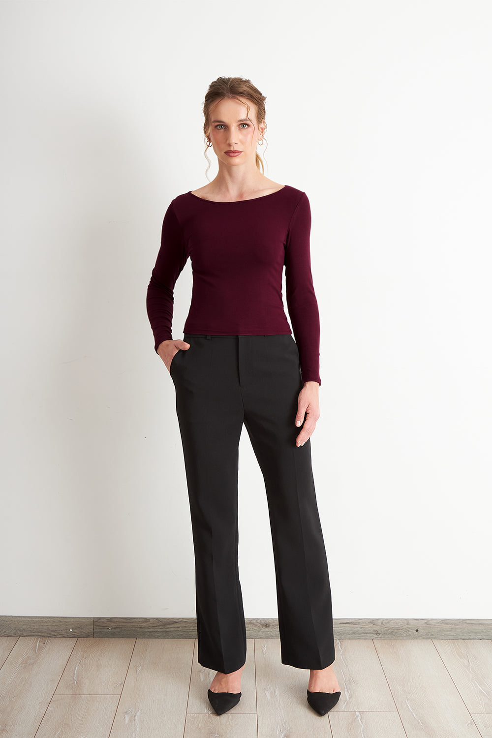 Polera Manga Larga Cuello Bote Burdeo