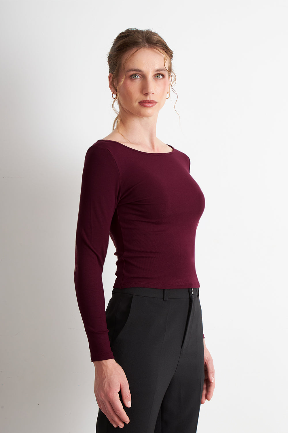 Polera Manga Larga Cuello Bote Burdeo