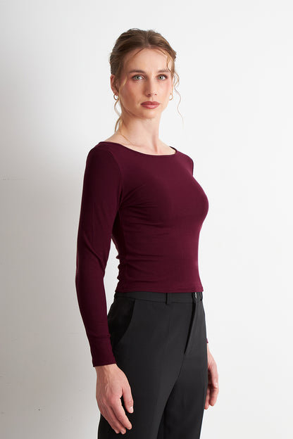 Polera Manga Larga Cuello Bote Burdeo