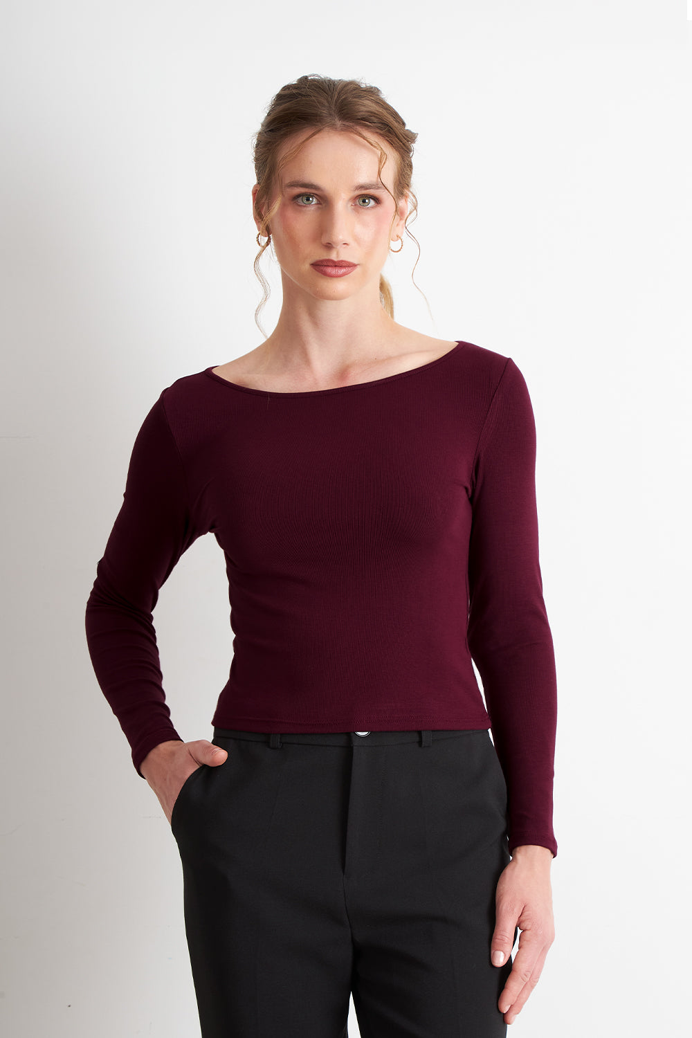 Polera Manga Larga Cuello Bote Burdeo