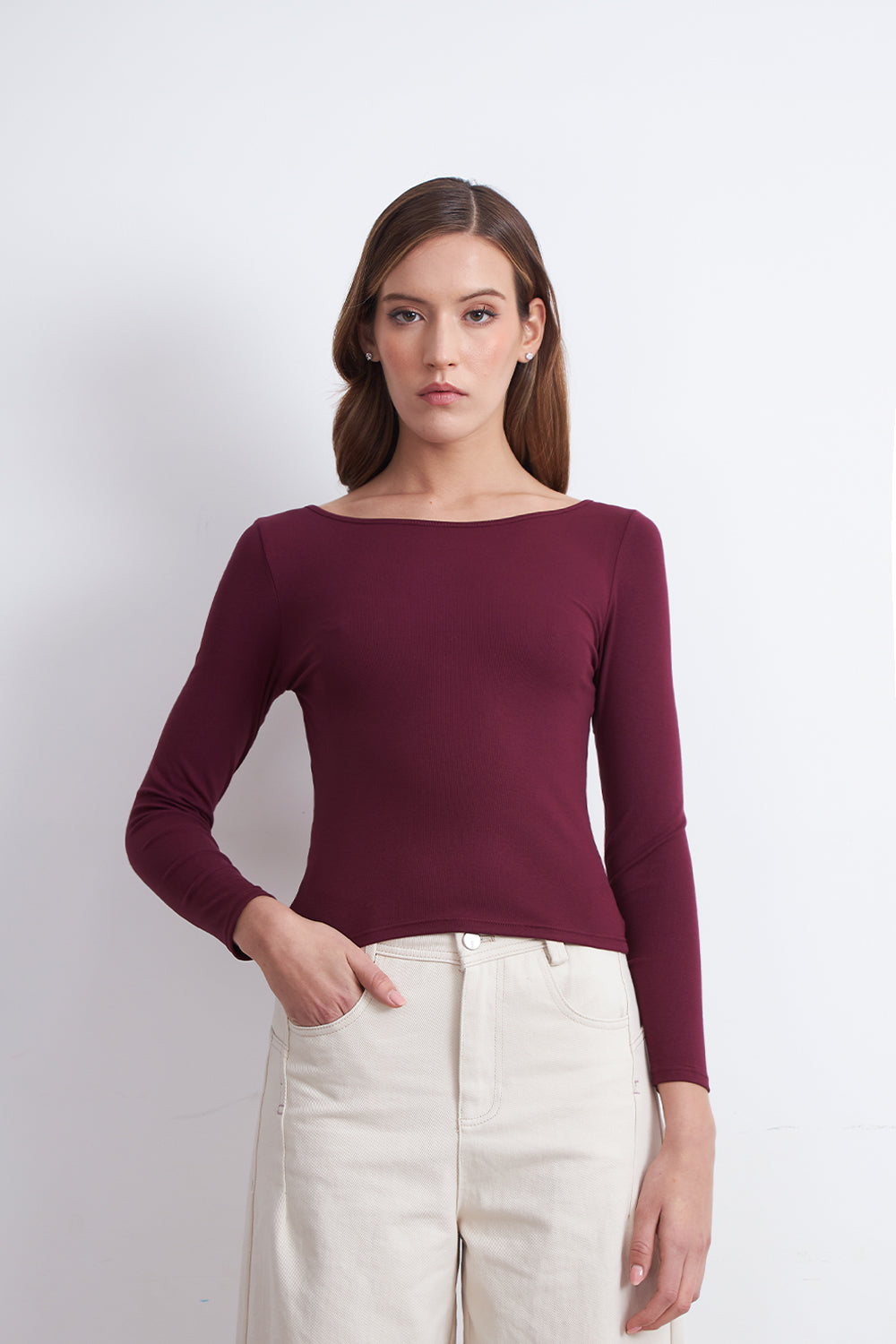 Polera Manga Larga Cuello Bote Burdeo