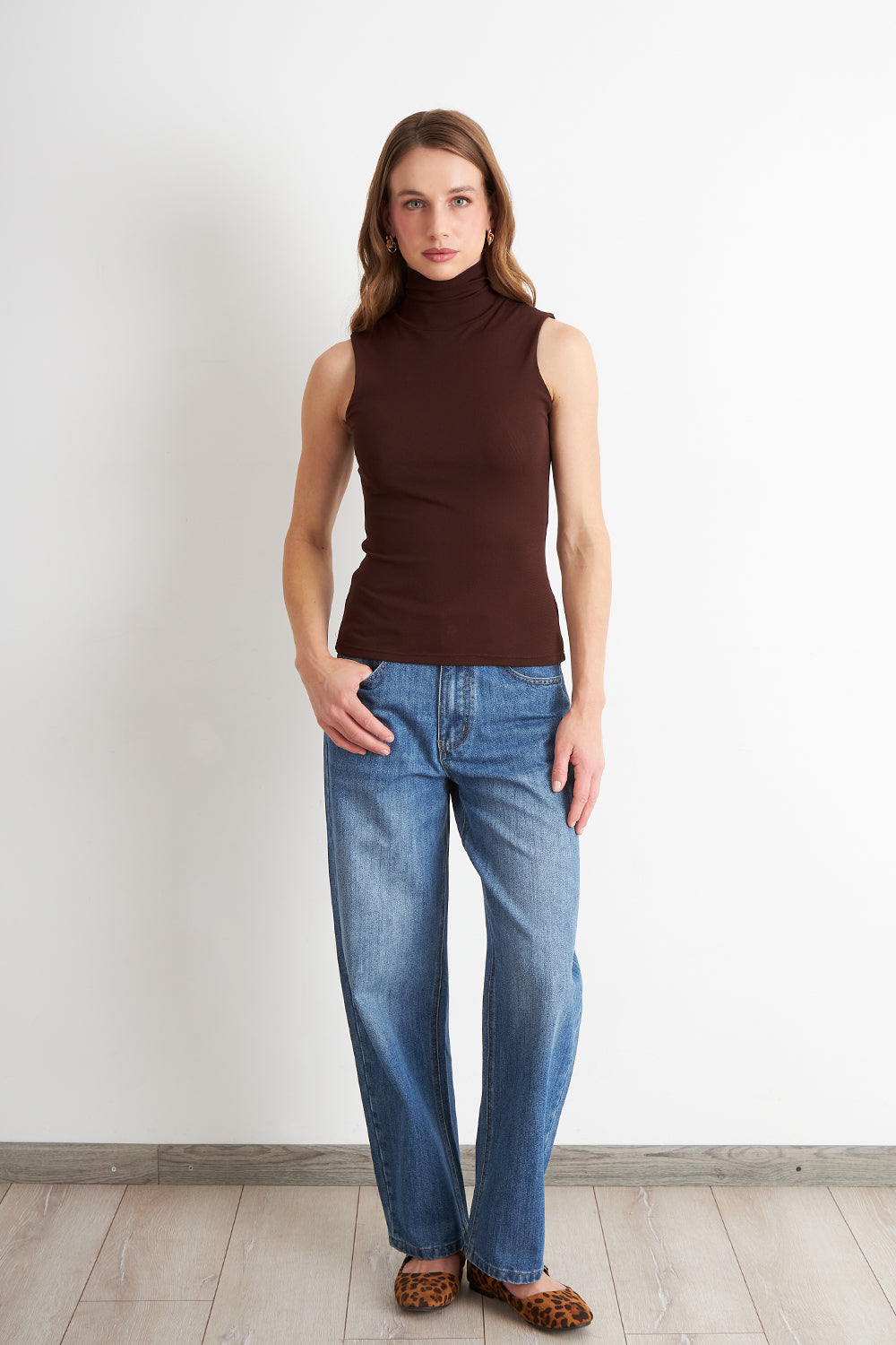 Polera Malla Cuello Alto Café