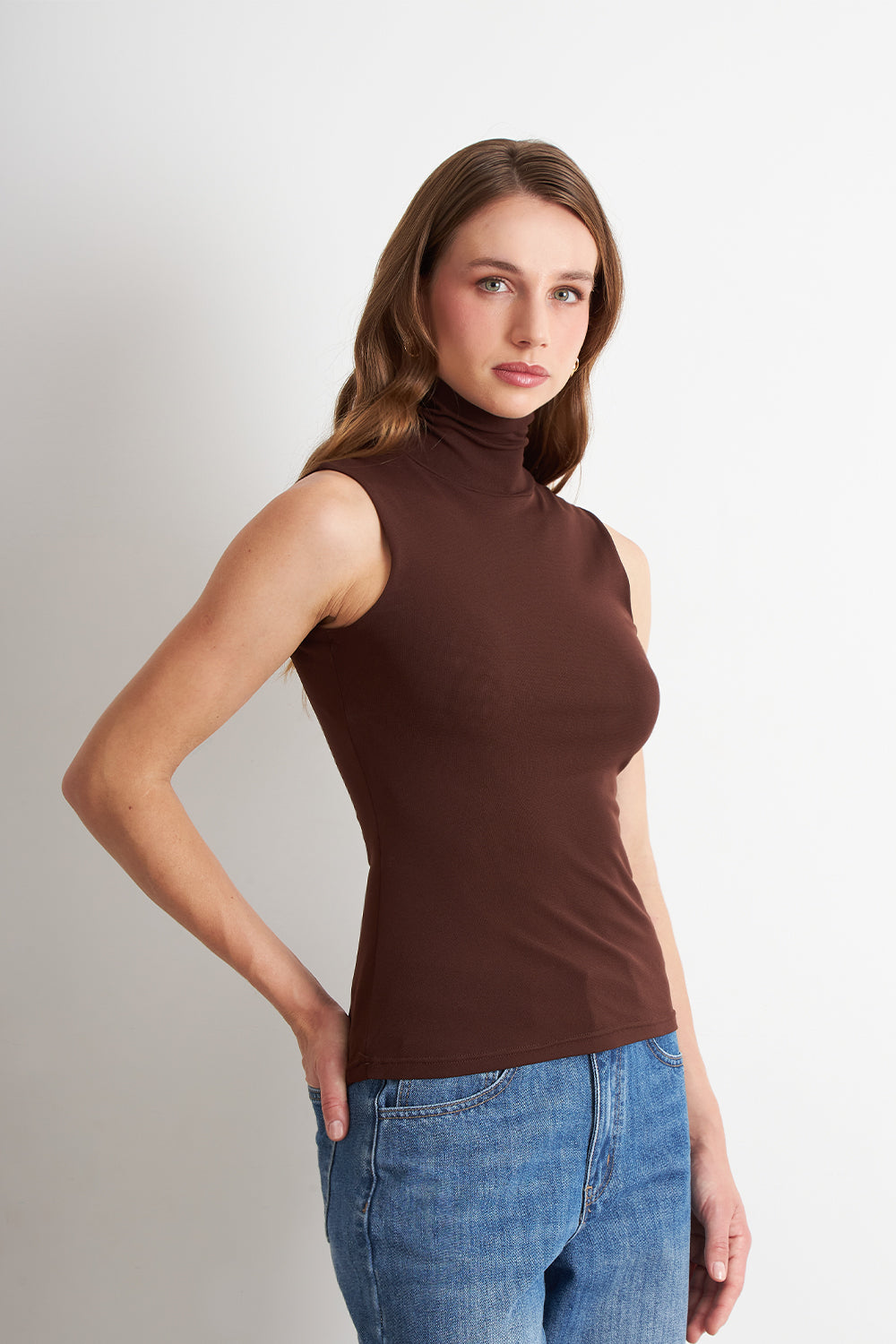 Polera Malla Cuello Alto Café