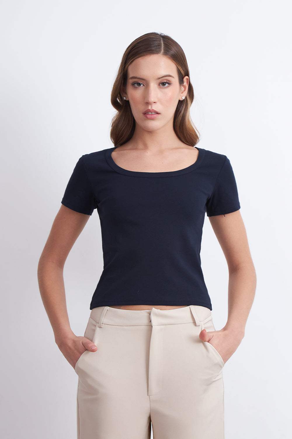 Polera Básica Manga Corta Cuello U Azul Marino