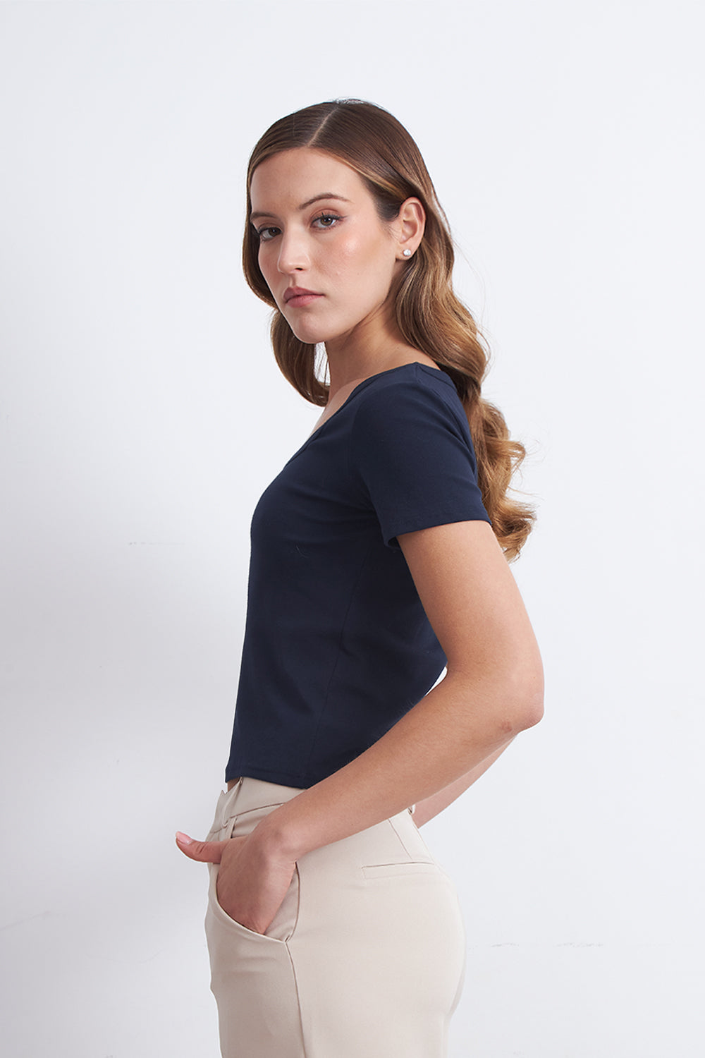 Polera Básica Manga Corta Cuello U Azul Marino