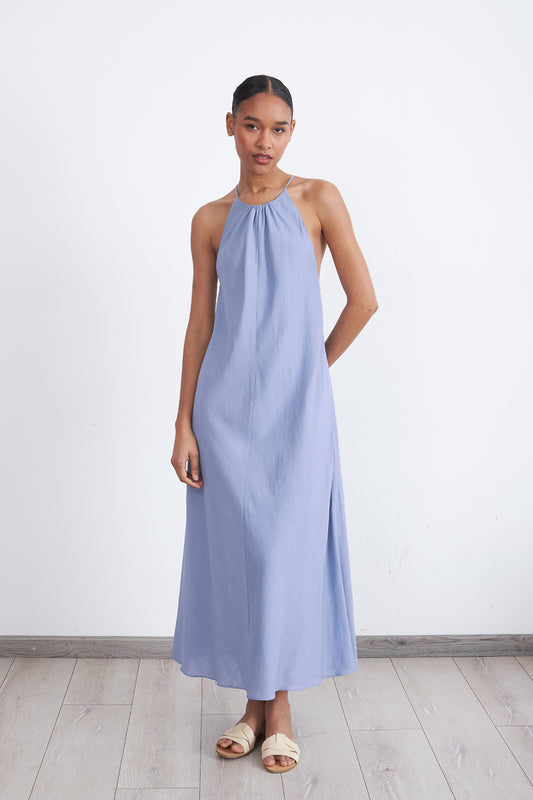 Vestido Tipo Lino Halter Celeste