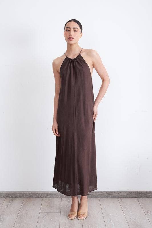 Vestido Tipo Lino Halter Café