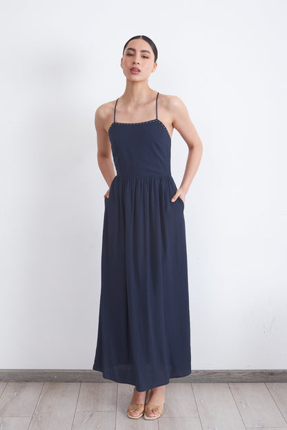 Vestido Halter Bordado Frontal Azul Marino