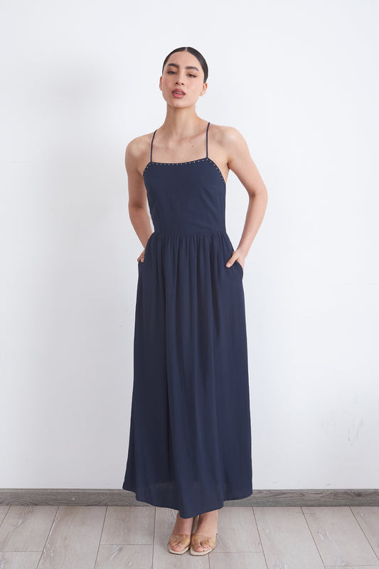 Vestido Halter Bordado Frontal Azul Marino