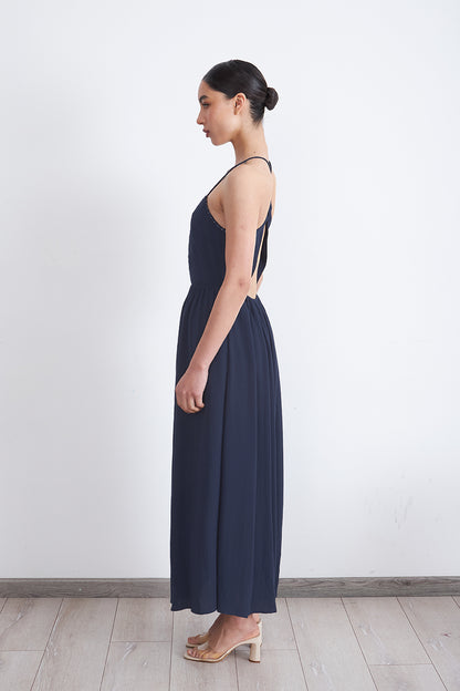 Vestido Halter Bordado Frontal Azul Marino