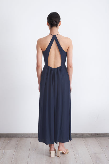 Vestido Halter Bordado Frontal Azul Marino