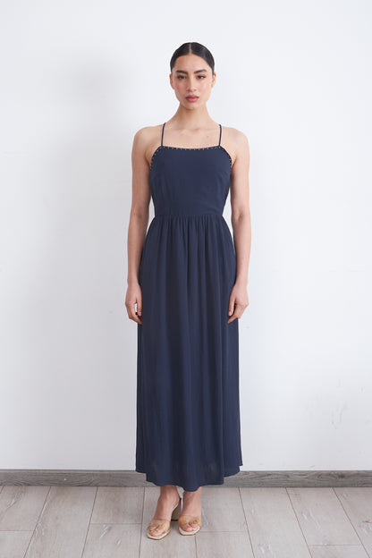 Vestido Halter Bordado Frontal Azul Marino