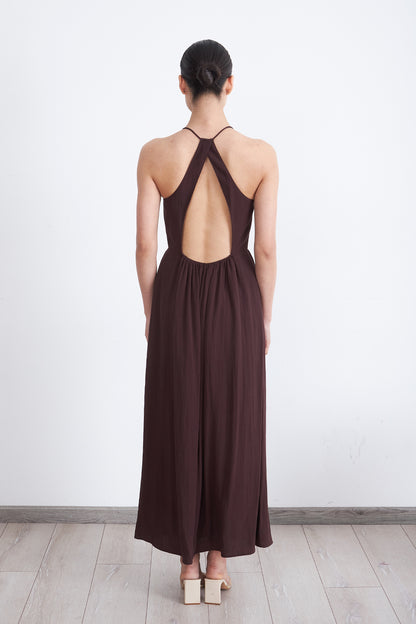Vestido Halter Bordado Frontal Café