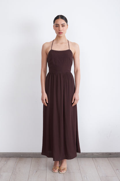 Vestido Halter Bordado Frontal Café