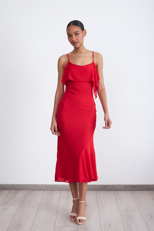 Vestido Liso con Volante en Escote Rojo