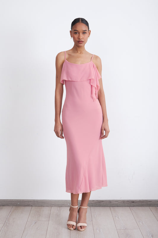 Vestido Liso con Volante en Escote Rosado