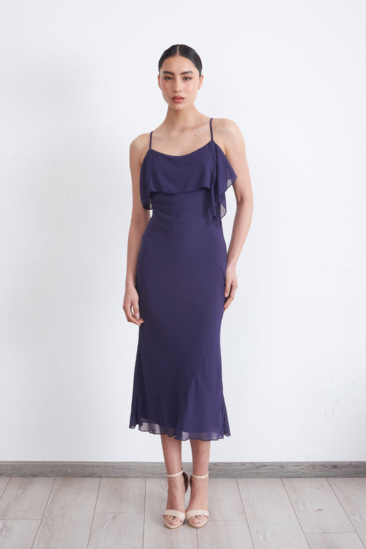 Vestido Liso con Volante en Escote Azul Marino