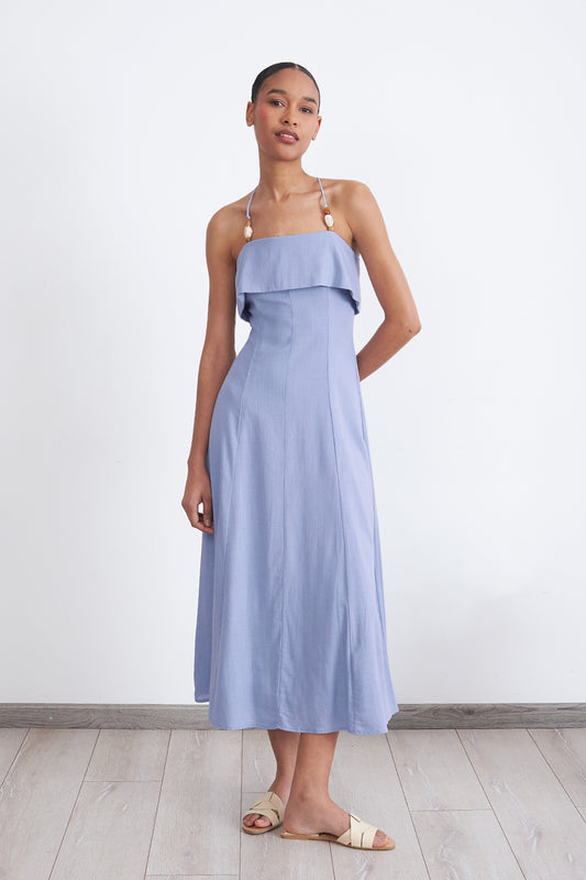 Vestido Midi con Volante Celeste