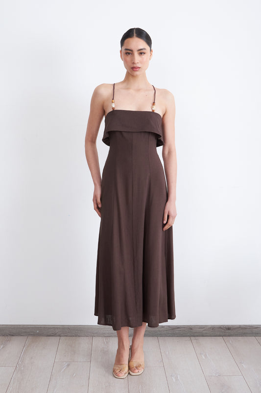 Vestido Midi con Volante Café