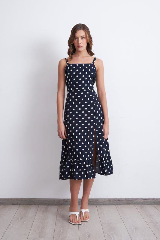 Vestido Escote Cuadrado Lunares Azul Marino