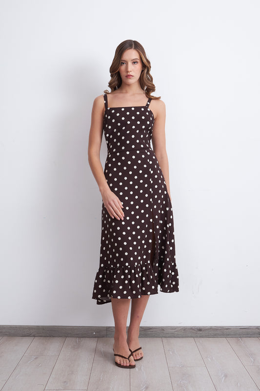 Vestido Escote Cuadrado Lunares Café