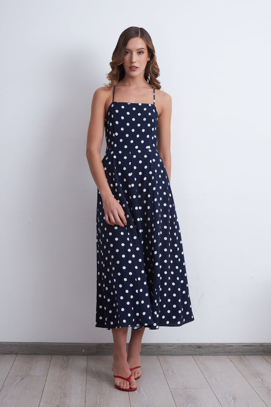 Vestido Midi Entallado con Lunares Azul Marino