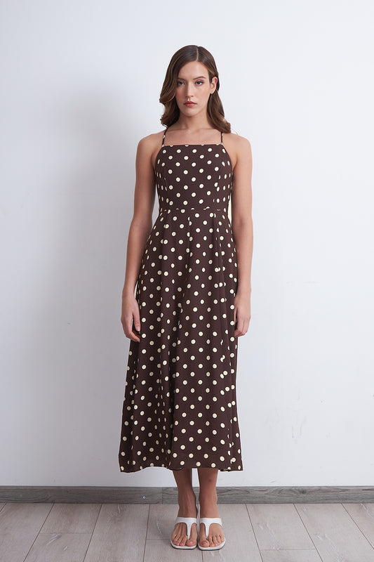 Vestido Midi Entallado con Lunares Café