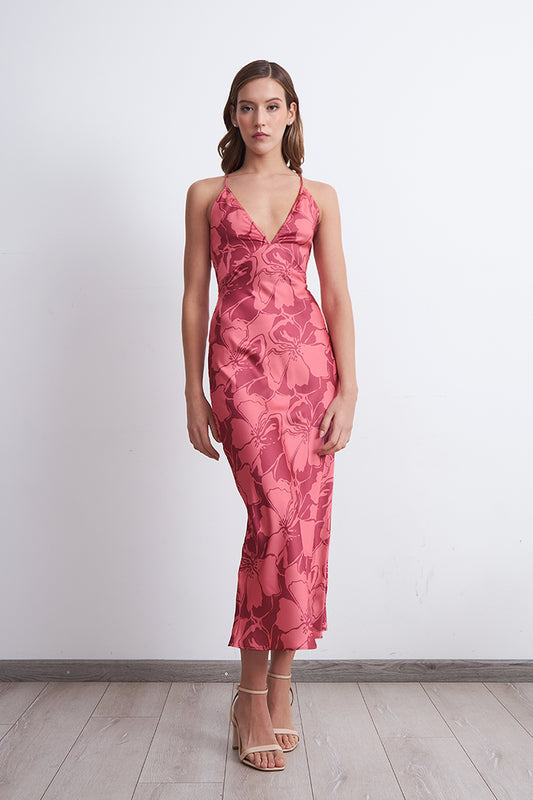 Vestido Tipo Satín Flores Rosado
