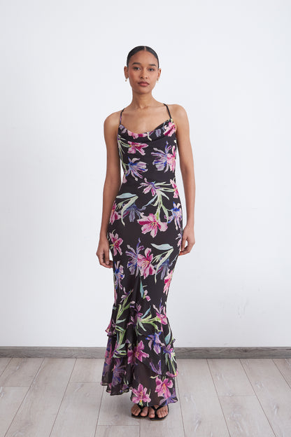 Vestido Floral Escote Drapeado Negro