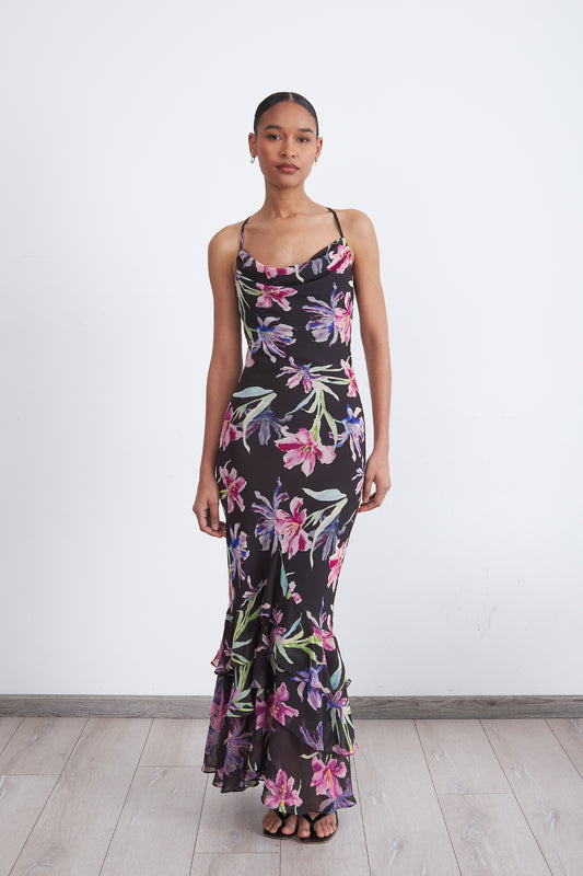 Vestido Floral Escote Drapeado Negro