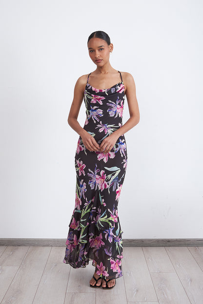 Vestido Floral Escote Drapeado Negro