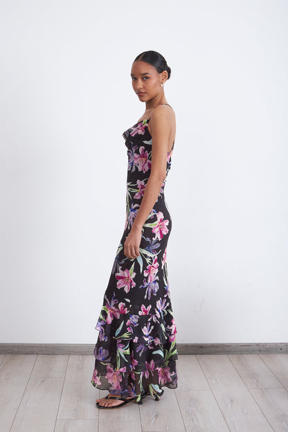 Vestido Floral Escote Drapeado Negro