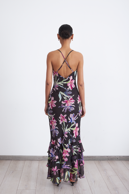 Vestido Floral Escote Drapeado Negro