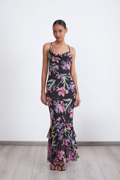 Vestido Floral Escote Drapeado Negro