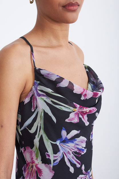 Vestido Floral Escote Drapeado Negro