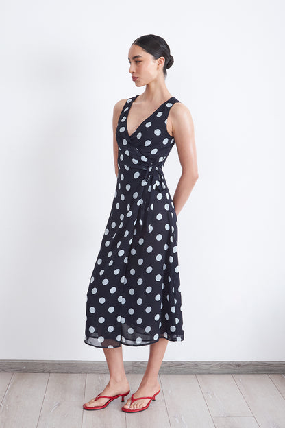 Vestido Cruzado Lunares Marino